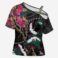 Hawaiian and Japanese Culture Cross Shoulder Shirt Crane Sakura Hibiscus Tropical Vibes