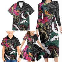 Hawaiian and Japanese Culture Family Matching Long Sleeve Bodycon Dress and Hawaiian Shirt Crane Sakura Hibiscus Tropical Vibes LT14 - Polynesian Pride