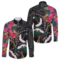 Hawaiian and Japanese Culture Family Matching Long Sleeve Bodycon Dress and Hawaiian Shirt Crane Sakura Hibiscus Tropical Vibes LT14 Dad's Shirt - Long Sleeve Black - Polynesian Pride