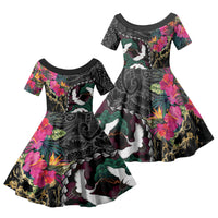Hawaiian and Japanese Culture Family Matching Long Sleeve Bodycon Dress and Hawaiian Shirt Crane Sakura Hibiscus Tropical Vibes LT14 Daughter's Dress Black - Polynesian Pride
