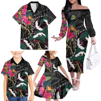 Hawaiian and Japanese Culture Family Matching Off The Shoulder Long Sleeve Dress and Hawaiian Shirt Crane Sakura Hibiscus Tropical Vibes