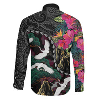 Hawaiian and Japanese Culture Family Matching Off The Shoulder Long Sleeve Dress and Hawaiian Shirt Crane Sakura Hibiscus Tropical Vibes LT14 Son's Shirt Black - Polynesian Pride