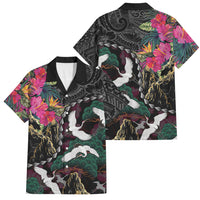 Hawaiian and Japanese Culture Family Matching Off Shoulder Maxi Dress and Hawaiian Shirt Crane Sakura Hibiscus Tropical Vibes LT14 Dad's Shirt - Short Sleeve Black - Polynesian Pride