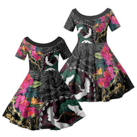 Hawaiian and Japanese Culture Family Matching Off Shoulder Maxi Dress and Hawaiian Shirt Crane Sakura Hibiscus Tropical Vibes LT14 Daughter's Dress Black - Polynesian Pride