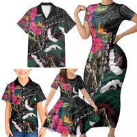 Hawaiian and Japanese Culture Family Matching Short Sleeve Bodycon Dress and Hawaiian Shirt Crane Sakura Hibiscus Tropical Vibes LT14 - Polynesian Pride
