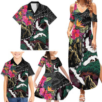 Hawaiian and Japanese Culture Family Matching Summer Maxi Dress and Hawaiian Shirt Crane Sakura Hibiscus Tropical Vibes