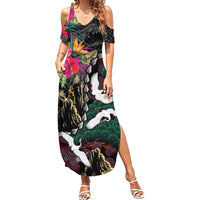 Hawaiian and Japanese Culture Family Matching Summer Maxi Dress and Hawaiian Shirt Crane Sakura Hibiscus Tropical Vibes
