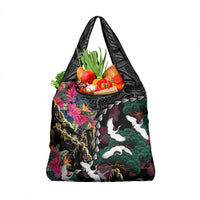 Hawaiian and Japanese Culture Grocery Bag Crane Sakura Hibiscus Tropical Vibes