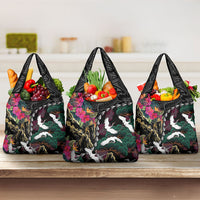 Hawaiian and Japanese Culture Grocery Bag Crane Sakura Hibiscus Tropical Vibes