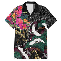 Hawaiian and Japanese Culture Hawaiian Shirt Crane Sakura Hibiscus Tropical Vibes LT14 Black - Polynesian Pride