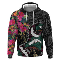 Hawaiian and Japanese Culture Hoodie Crane Sakura Hibiscus Tropical Vibes