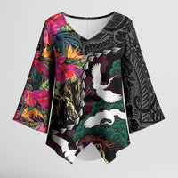 Hawaiian and Japanese Culture Kimono Sleeve Blouse Crane Sakura Hibiscus Tropical Vibes