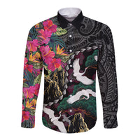 Hawaiian and Japanese Culture Long Sleeve Button Shirt Crane Sakura Hibiscus Tropical Vibes
