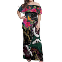 Hawaiian and Japanese Culture Off Shoulder Maxi Dress Crane Sakura Hibiscus Tropical Vibes LT14 Women Black - Polynesian Pride
