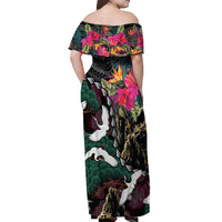 Hawaiian and Japanese Culture Off Shoulder Maxi Dress Crane Sakura Hibiscus Tropical Vibes LT14 - Polynesian Pride