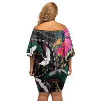 Hawaiian and Japanese Culture Off Shoulder Short Dress Crane Sakura Hibiscus Tropical Vibes LT14 - Polynesian Pride