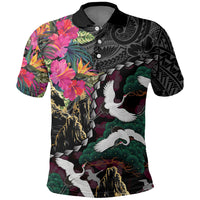 Hawaiian and Japanese Culture Polo Shirt Crane Sakura Hibiscus Tropical Vibes LT14 Black - Polynesian Pride