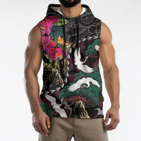 Hawaiian and Japanese Culture Sleeveless Hoodie Crane Sakura Hibiscus Tropical Vibes