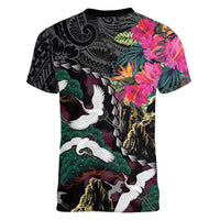 Hawaiian and Japanese Culture Women V-Neck T-Shirt Crane Sakura Hibiscus Tropical Vibes
