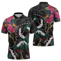 Hawaiian and Japanese Culture Zipper Polo Shirt Crane Sakura Hibiscus Tropical Vibes