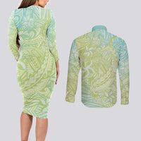 Baby Green Gradient Polynesia Couples Matching Long Sleeve Bodycon Dress and Long Sleeve Button Shirt Hawaiian Tribal Hammerhead Shark Tattoo