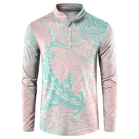 Baby Pink Gradient Polynesia Button Sweatshirt Hawaiian Tribal Hammerhead Shark Tattoo