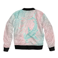 Baby Pink Gradient Polynesia Sleeve Zip Bomber Jacket Hawaiian Tribal Hammerhead Shark Tattoo