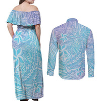 Baby Blue Gradient Polynesia Couples Matching Off Shoulder Maxi Dress and Long Sleeve Button Shirt Hawaiian Tribal Hammerhead Shark Tattoo