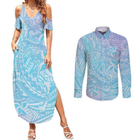 Baby Blue Gradient Polynesia Couples Matching Summer Maxi Dress and Long Sleeve Button Shirt Hawaiian Tribal Hammerhead Shark Tattoo