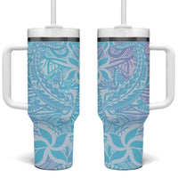Baby Blue Gradient Polynesia Tumbler With Handle Hawaiian Tribal Hammerhead Shark Tattoo