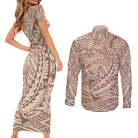 Pastel Brown Polynesia Couples Matching Short Sleeve Bodycon Dress and Long Sleeve Button Shirt Hawaiian Tribal Hammerhead Shark Tattoo LT14