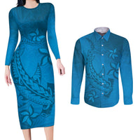 Blue Gradient Polynesia Couples Matching Long Sleeve Bodycon Dress and Long Sleeve Button Shirt Hawaiian Tribal Hammerhead Shark Tattoo