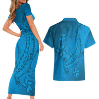 Blue Gradient Polynesia Couples Matching Short Sleeve Bodycon Dress and Hawaiian Shirt Hawaiian Tribal Hammerhead Shark Tattoo