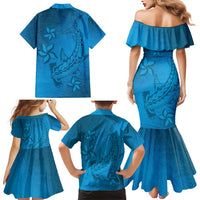Blue Gradient Polynesia Family Matching Mermaid Dress and Hawaiian Shirt Hawaiian Tribal Hammerhead Shark Tattoo