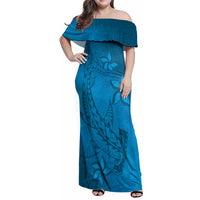 Blue Gradient Polynesia Family Matching Off Shoulder Maxi Dress and Hawaiian Shirt Hawaiian Tribal Hammerhead Shark Tattoo