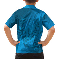 Blue Gradient Polynesia Family Matching Off Shoulder Short Dress and Hawaiian Shirt Hawaiian Tribal Hammerhead Shark Tattoo