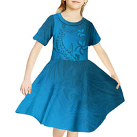 Blue Gradient Polynesia Kid Short Sleeve Dress Hawaiian Tribal Hammerhead Shark Tattoo