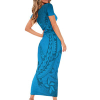 Blue Gradient Polynesia Short Sleeve Bodycon Dress Hawaiian Tribal Hammerhead Shark Tattoo