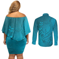 Dark Cyan Gradient Polynesia Couples Matching Off Shoulder Short Dress and Long Sleeve Button Shirt Hawaiian Tribal Hammerhead Shark Tattoo