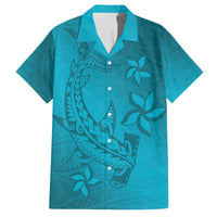 Dark Cyan Gradient Polynesia Family Matching Off Shoulder Short Dress and Hawaiian Shirt Hawaiian Tribal Hammerhead Shark Tattoo
