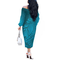 Dark Cyan Gradient Polynesia Off The Shoulder Long Sleeve Dress Hawaiian Tribal Hammerhead Shark Tattoo