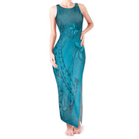 Dark Cyan Gradient Polynesia Tank Maxi Dress Hawaiian Tribal Hammerhead Shark Tattoo