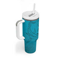 Dark Cyan Gradient Polynesia Tumbler With Handle Hawaiian Tribal Hammerhead Shark Tattoo