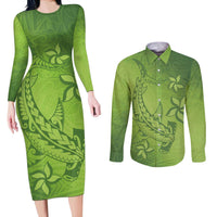 Green Gradient Polynesia Couples Matching Long Sleeve Bodycon Dress and Long Sleeve Button Shirt Hawaiian Tribal Hammerhead Shark Tattoo