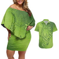 Green Gradient Polynesia Couples Matching Off Shoulder Short Dress and Hawaiian Shirt Hawaiian Tribal Hammerhead Shark Tattoo