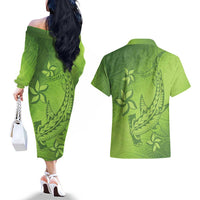 Green Gradient Polynesia Couples Matching Off The Shoulder Long Sleeve Dress and Hawaiian Shirt Hawaiian Tribal Hammerhead Shark Tattoo