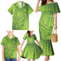 Green Gradient Polynesia Family Matching Mermaid Dress and Hawaiian Shirt Hawaiian Tribal Hammerhead Shark Tattoo