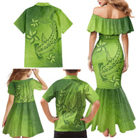 Green Gradient Polynesia Family Matching Mermaid Dress and Hawaiian Shirt Hawaiian Tribal Hammerhead Shark Tattoo