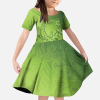 Green Gradient Polynesia Kid Short Sleeve Dress Hawaiian Tribal Hammerhead Shark Tattoo