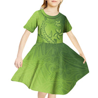 Green Gradient Polynesia Kid Short Sleeve Dress Hawaiian Tribal Hammerhead Shark Tattoo
